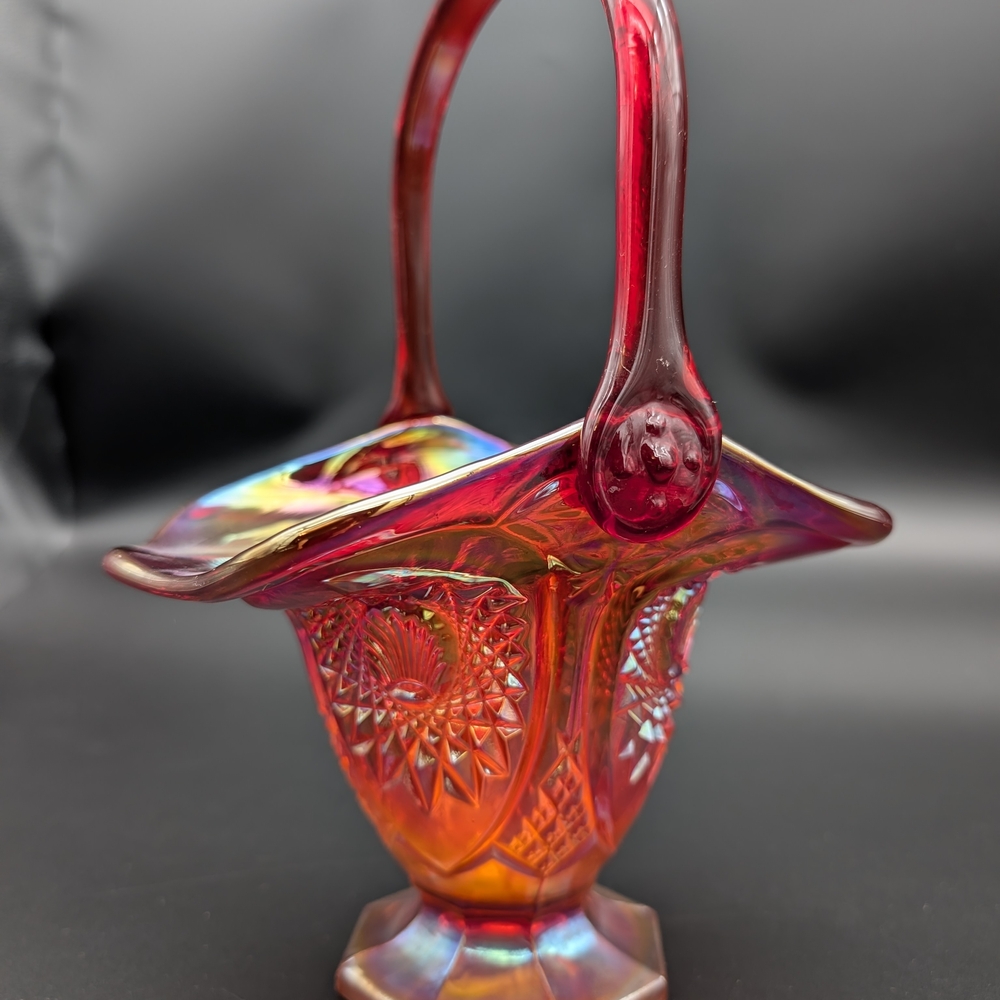 Indiana Carnival Glass Basket Red Amberina Footed Handle Vintage 10” Iridescent